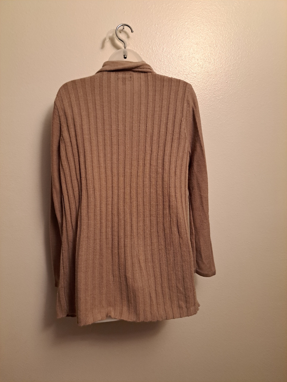 Notations Open-Front Ribbed Draped Cardigan Sweater With Shawl Collar - Taupe - Picture 2 of 7